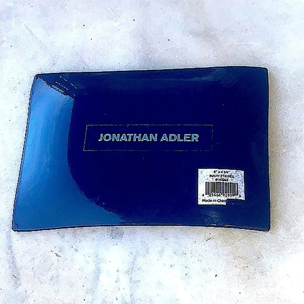 JOHNATHON ADLER GLASS CATCHALL TRAY NAVY STRIPING NIB 6 BY 4